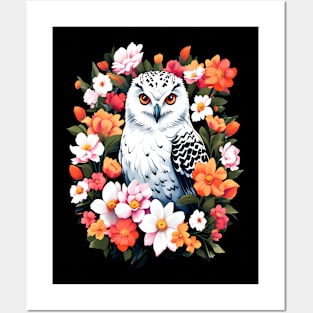 Cute Snowy Owl Surrounded by Bold Vibrant Spring Flowers Posters and Art